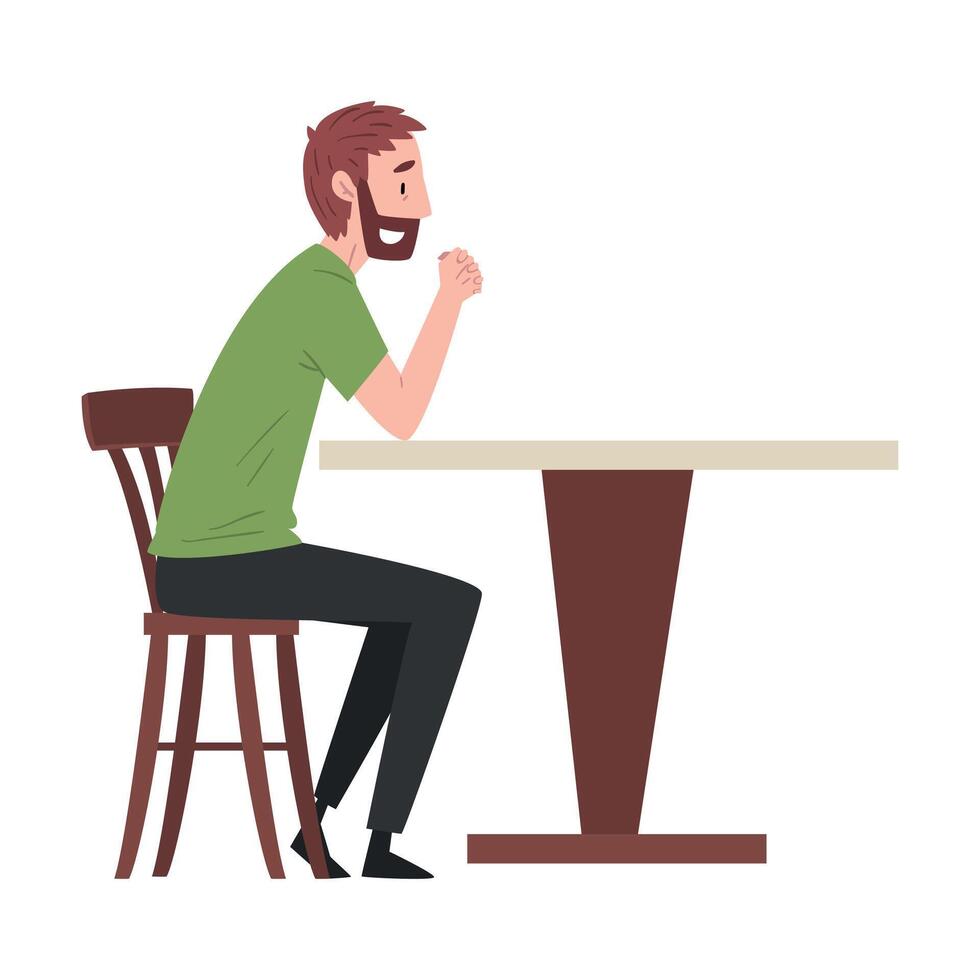 Bearded Man Sitting at Table in Cafe, Guy Drinking Coffee and Relaxing at Coffeehouse or Coffee Shop Illustration vector