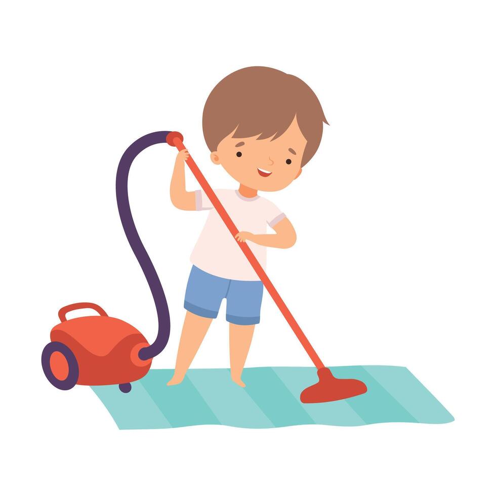 Cute Boy Cleaning the Floor with Vaccuum Cleaner, Preschool Kid Daily Routine Activity Cartoon Illustration vector