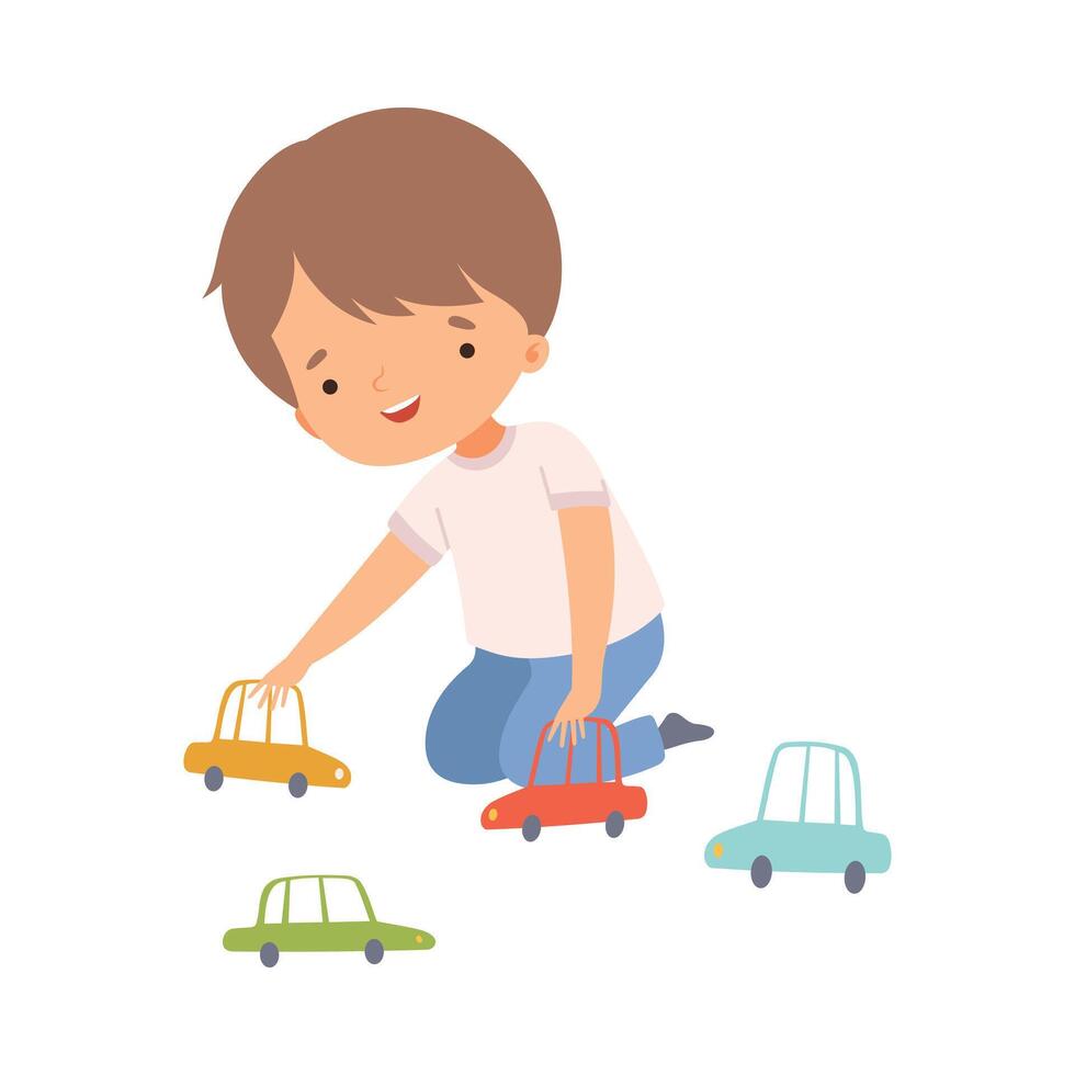 Cute Boy Sitting on the Floor Playing with Toy Cars, Preschool Kid Daily Routine Activity Cartoon Illustration vector