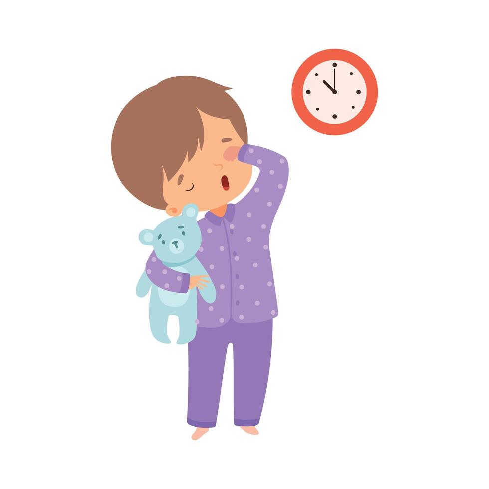 Cute Sleepy Boy Wearing Pajamas Standing with Teddy Bear, Preschool Kid Daily Routine Activity Cartoon Illustration vector
