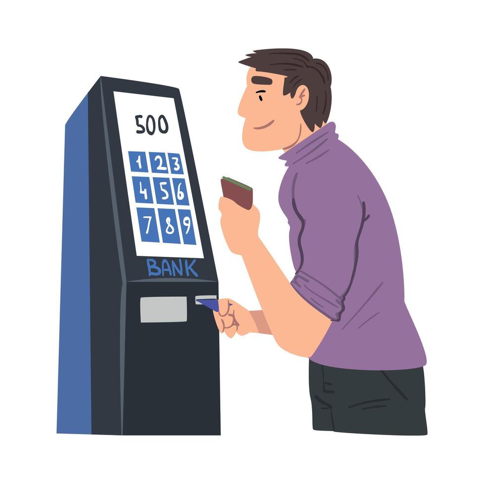 Young Man Using Modern Electronic Self Service Terminal Illustration on White Backgroun vector