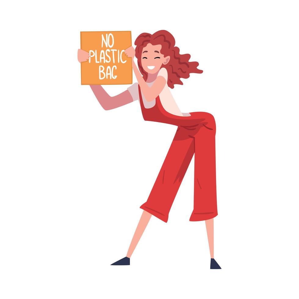 Smiling Girl Holding Signboard with No Plastic Bag Inscription, Reducing Plastic Campaign, Protection of Environment Concept Illustration vector