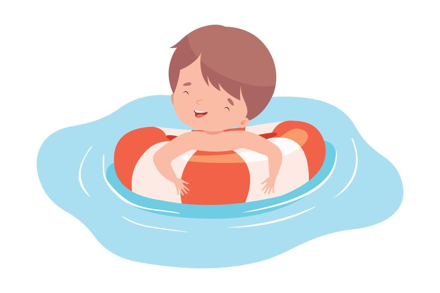 Cute Boy Swimming with Inflatable Lifebuoy, Kids Summer Activities, Adorable Child Having Fun on Beach on Holidays Cartoon Illustration vector