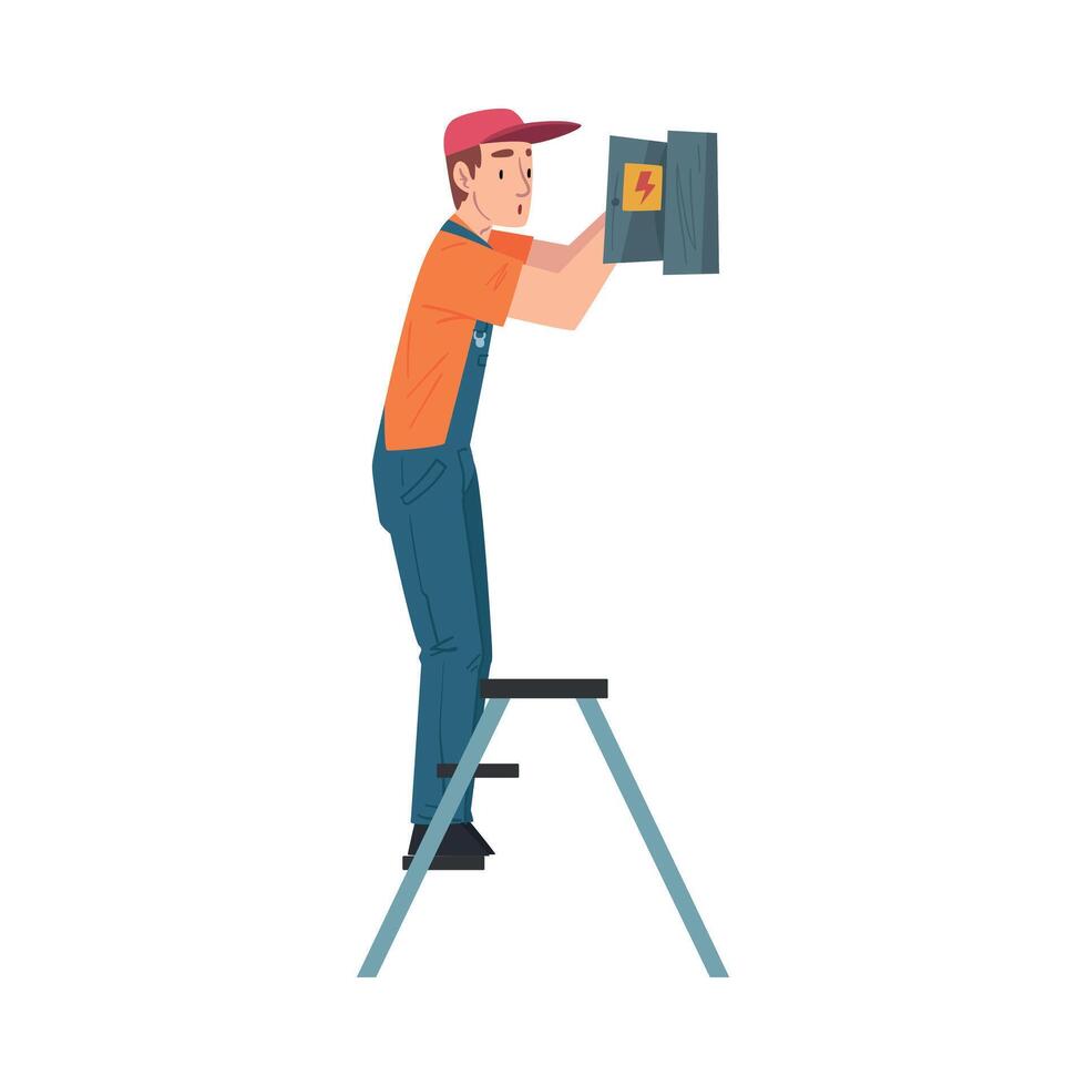Male Electrician Engineer Operating Control Panel, Professional Worker Character in Uniform Repairing Electrical Equipment Cartoon Style Illustration vector