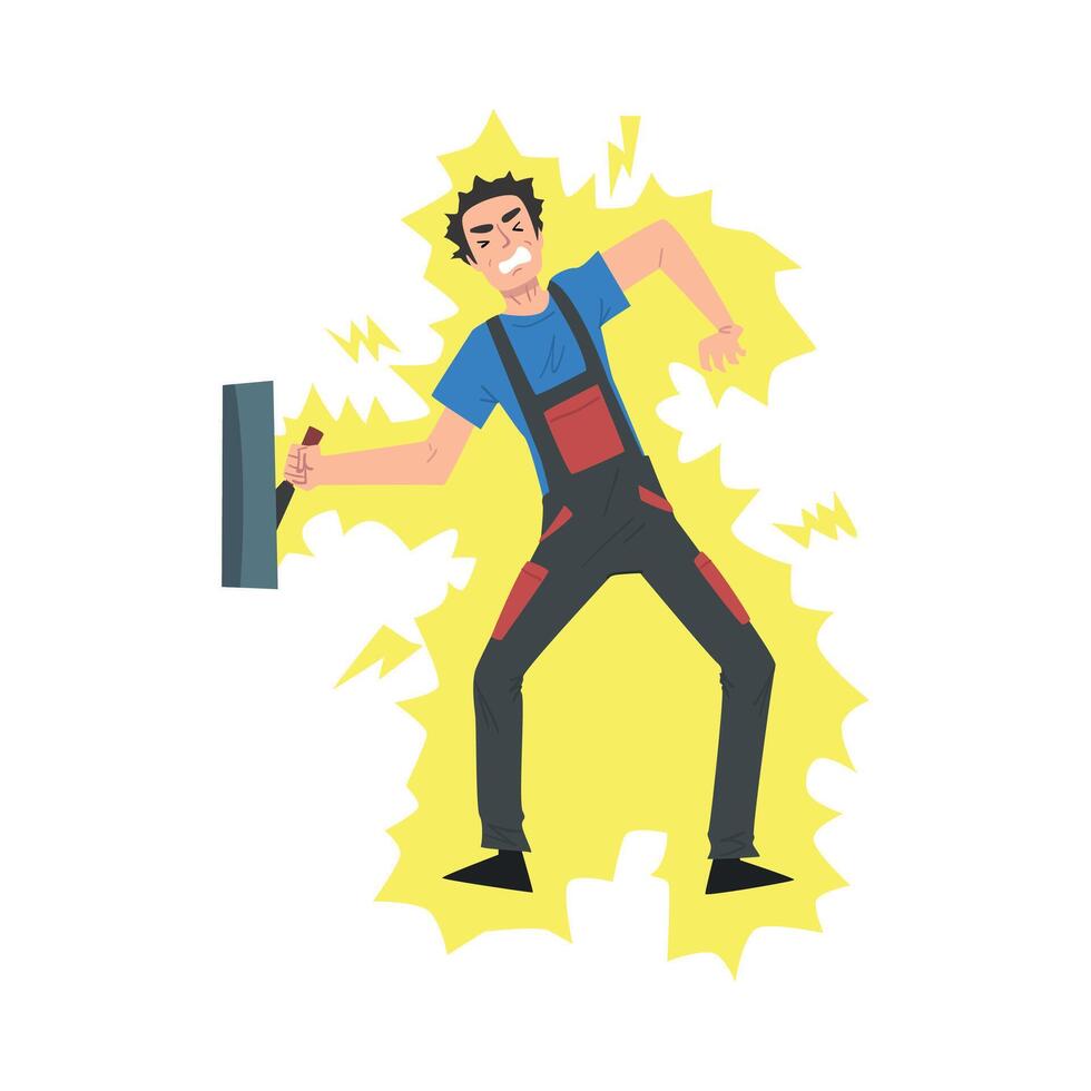 Male Electrician Engineer Getting Electrocuted., Professional Worker Character in Uniform Repairing Electrical Equipment Cartoon Style Illustration vector