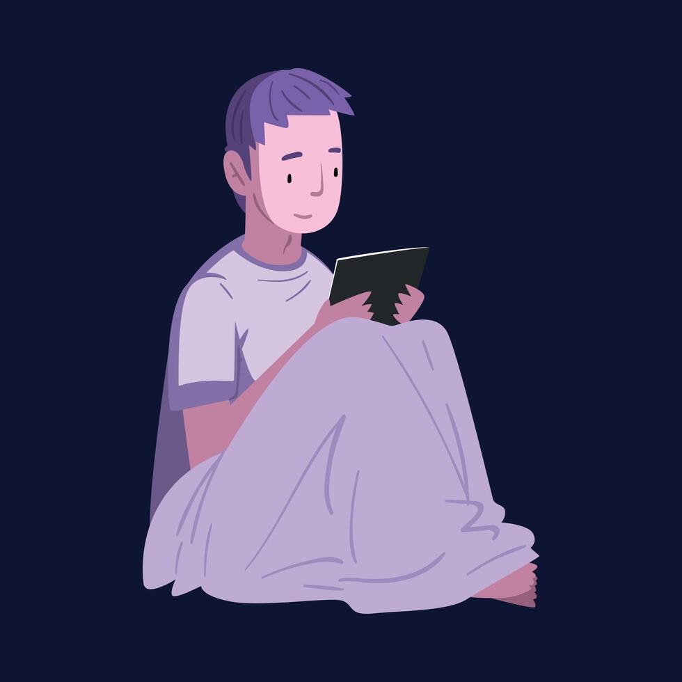Guy Sitting in the Bed with Tablet PC at Night, Boy Using Digital Gadget for Playing Online Game or Chatting on Social Networks Illustration vector