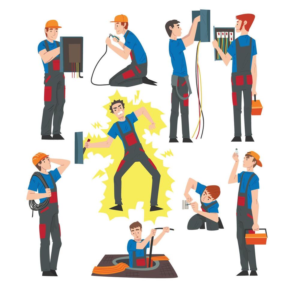 Male Electrical Engineers Repairing and Operating Electrical Equipment, Electricity Maintenance Service Workers Characters in Uniform and Cap Cartoon Style Illustration vector