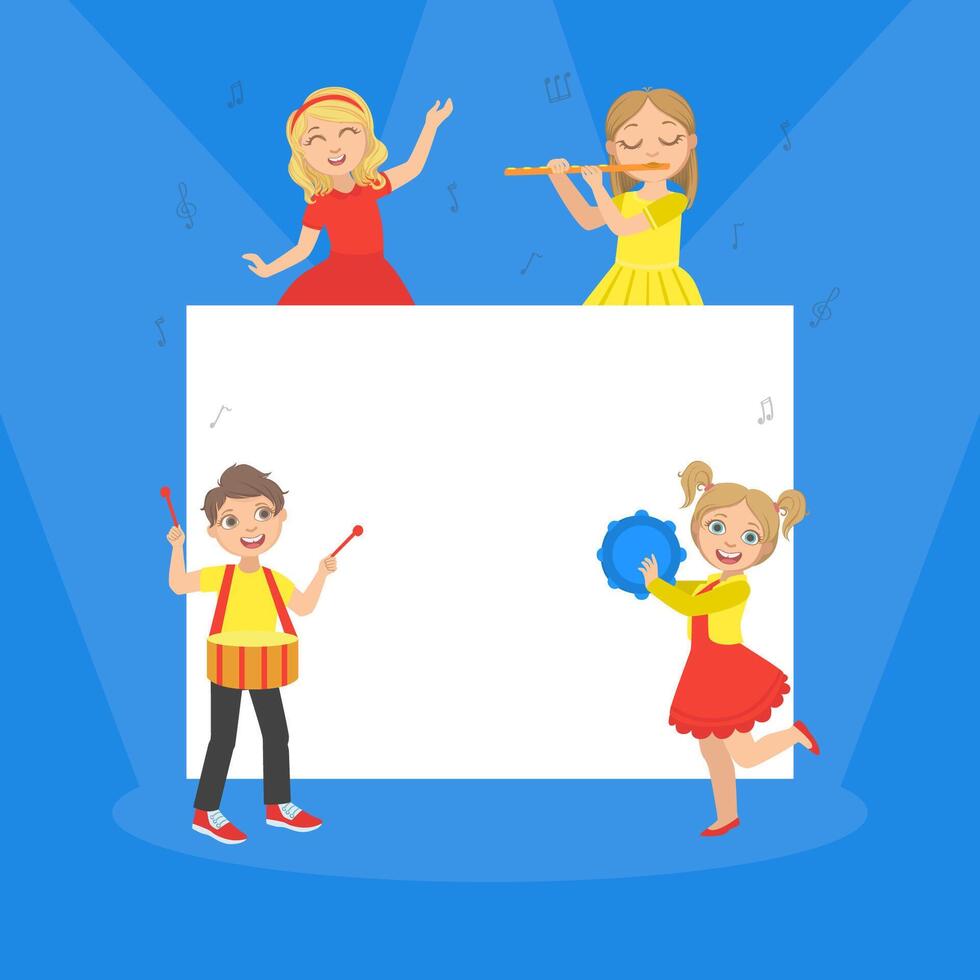 Cute Children Playing Musical Instruments on the Background of White Blank Banner Illustration vector