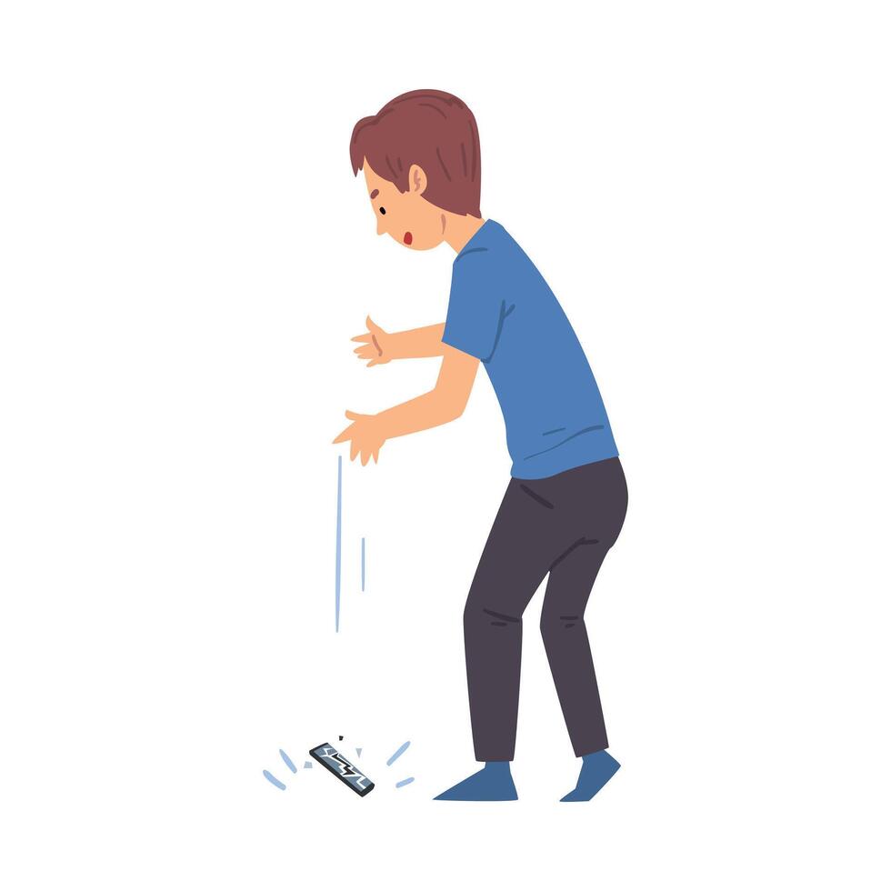 Boy Dropping His Smartphone, Sad Child with Broken Phone Cartoon Style Illustration on White Background vector