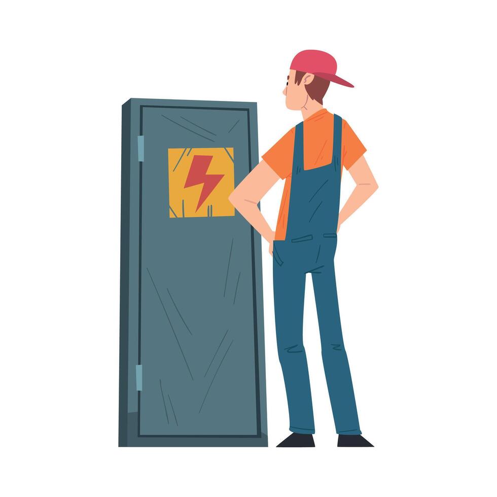 Electrician Engineer Checking Control Panel, Professional Worker Character in Uniform Repairing Electrical Equipment Cartoon Style Illustration vector