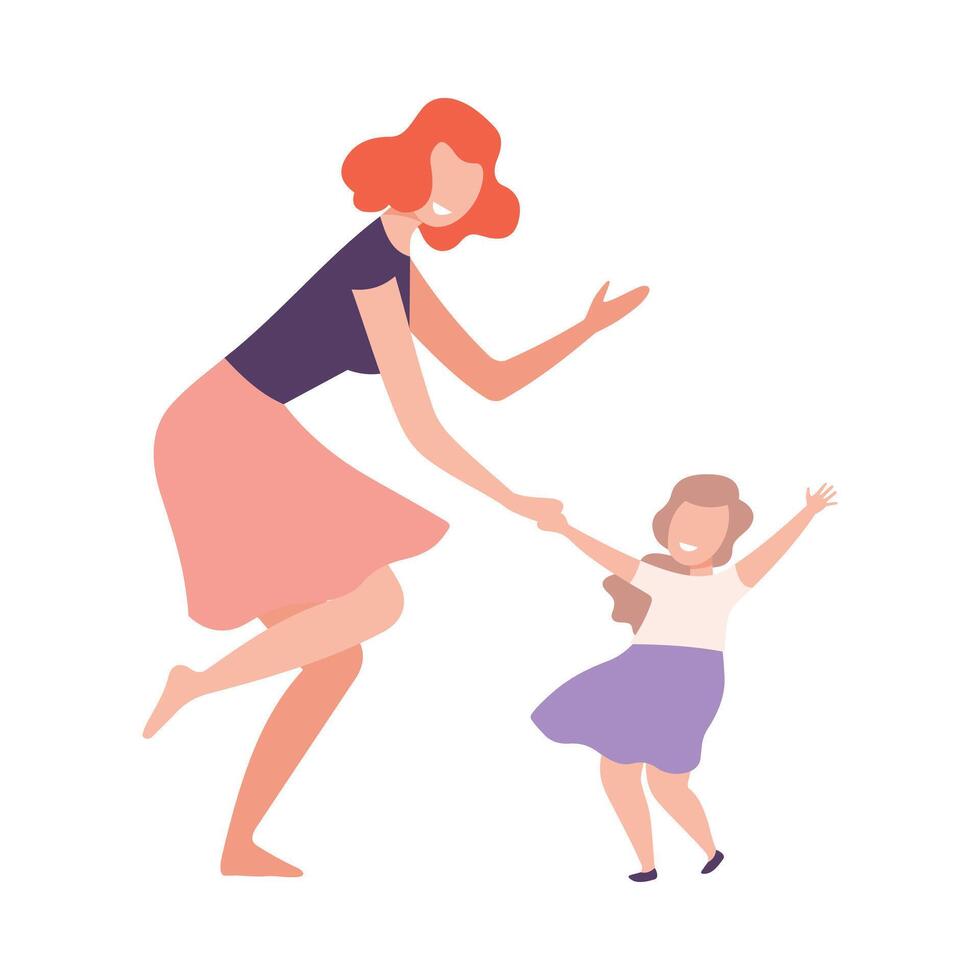 Mom and Daughter Dancing Together Holding Hands, Parent and Kid Having Good Time Flat Style Illustration vector