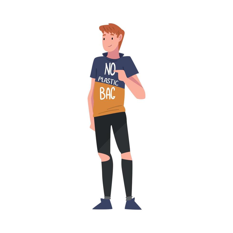 Guy Wearing T-shirt with No Plastic Bag Inscription, Male Reducing Plastic Campaign, Zero Waste, Protection of Environment Concept Illustration vector