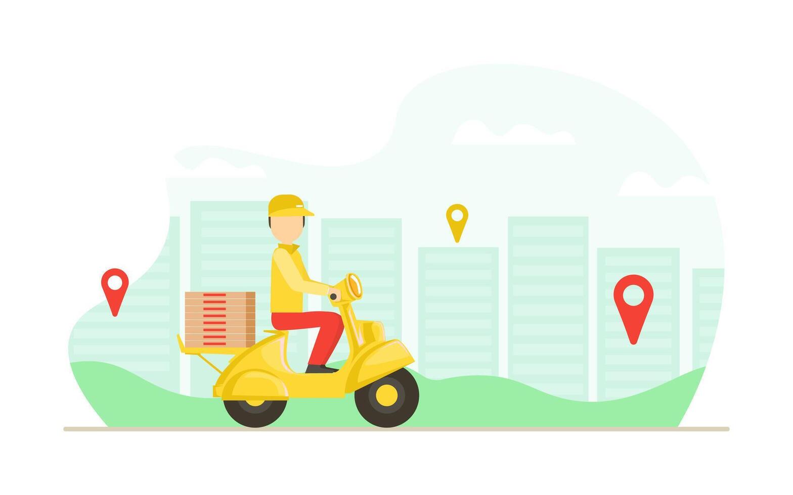 Pizza Express Delivery Service, Male Courier in Uniform Delivering Food with Yellow Motor Bike Flat Illustration vector