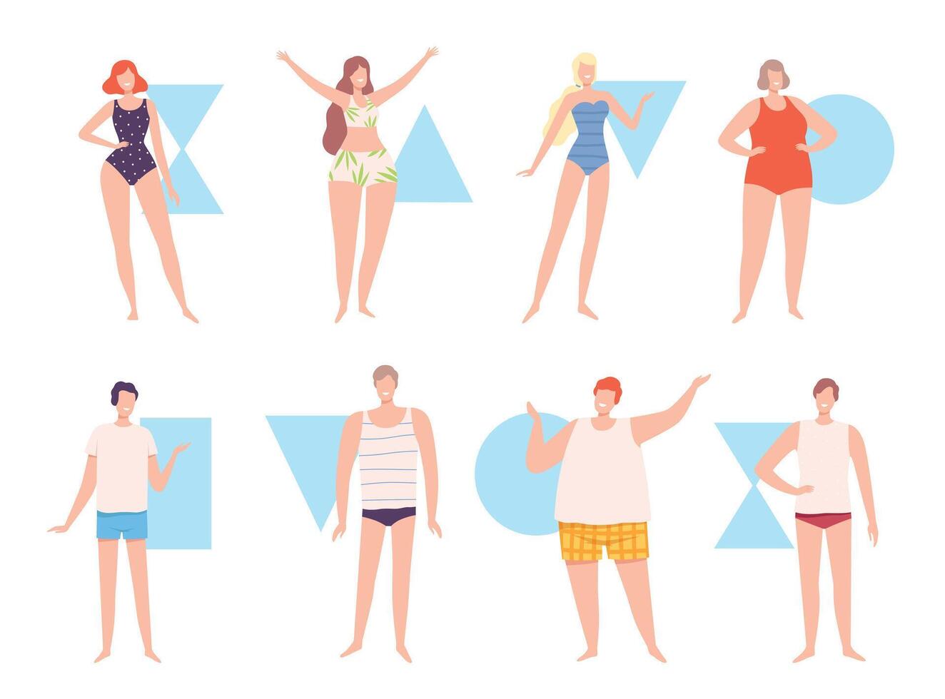 Five Types of Male and Female Body Shapes Set, Hourglass, Inverted Triangle, Round, Rectangle, Triangle, People in Underwear Flat Style Illustration vector