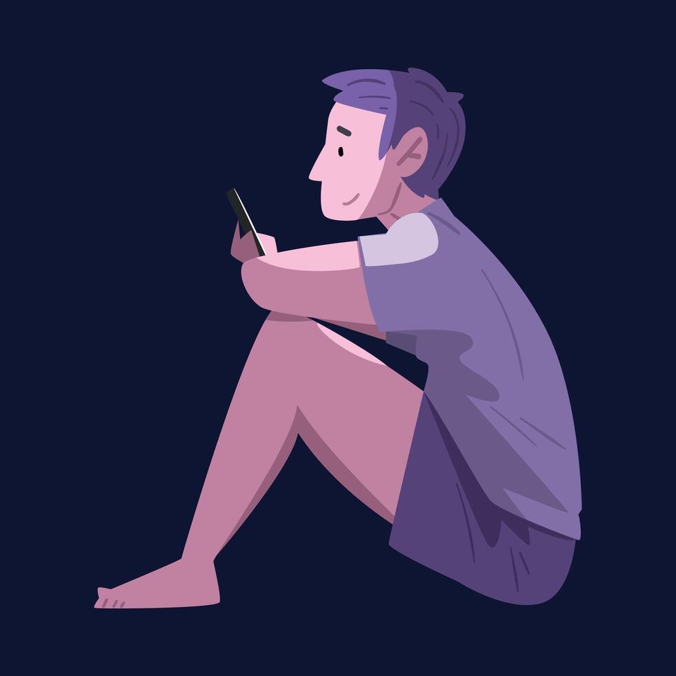 Guy in Pajamas Sitting with Smartphone at Night, Person Using Gadget for Playing Online Game or Chatting on Social Networks Illustration vector
