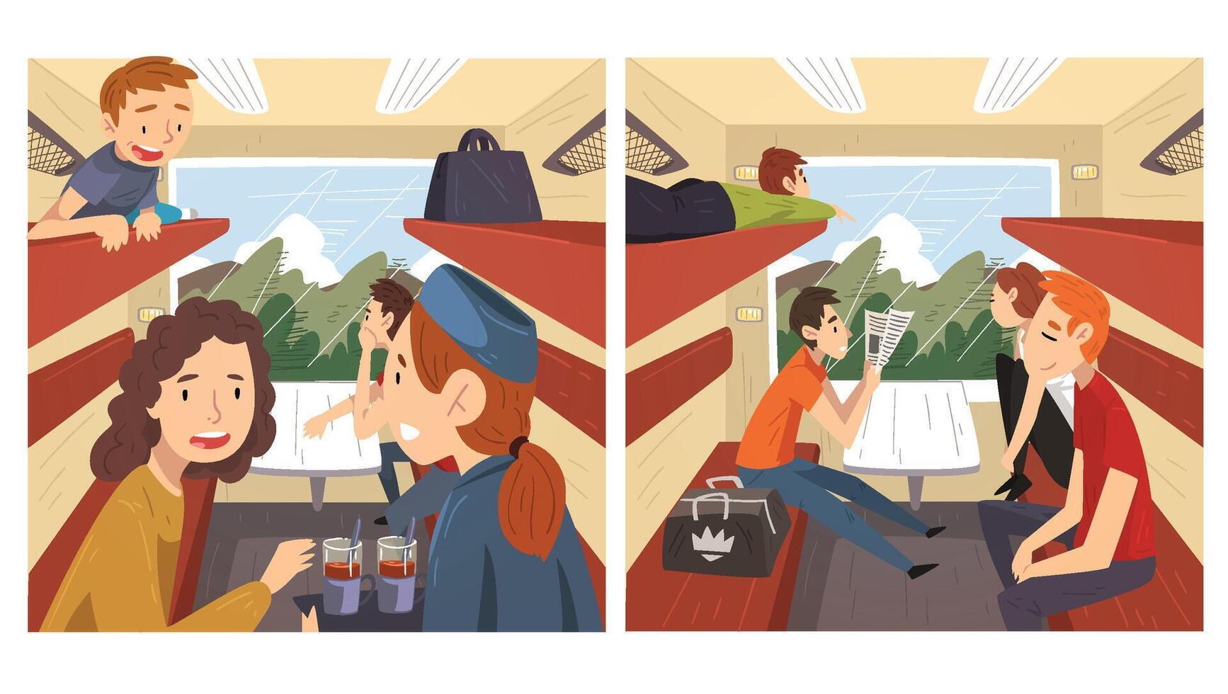 People Travelling by Train Set, Cheerful Men and Women Sitting in Passenger Railway Transport and Talking to Each Other, Train Interior Illustration vector