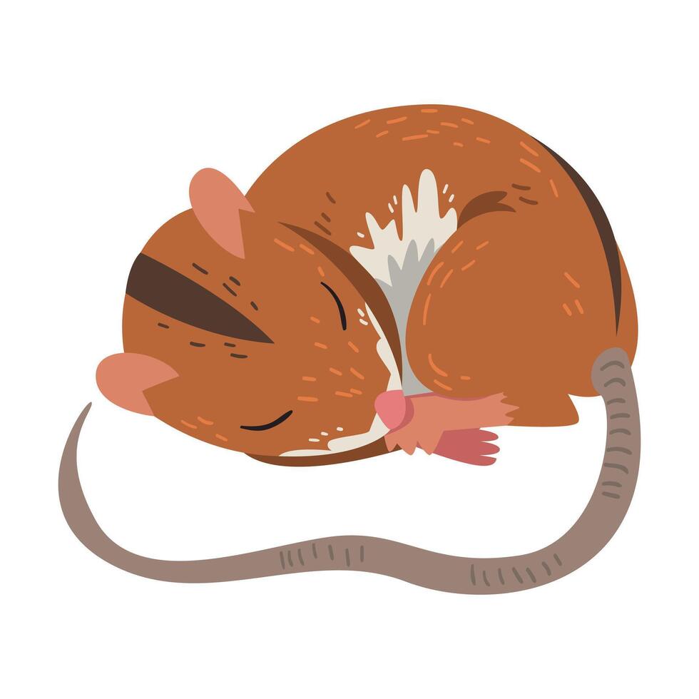 Sleeping Field Mouse, Cute Fluffy Red Rodent Animal with Black Stripe on Its Back Illustration vector