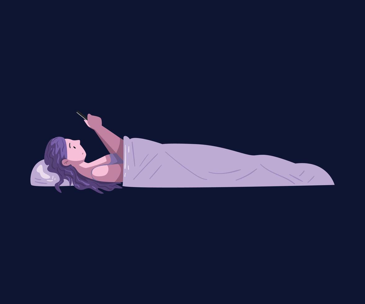 Girl Lying in the Bed with Smartphone at Night, Person Playing Online Game or Chatting on Social Networks Illustration vector