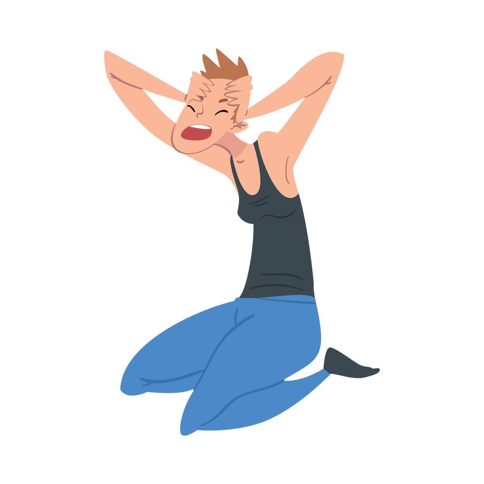 Panicked Man Sitting on the Floor Clutching Head with his Hands, Anxiety or Panic Attack, Stressed or Depressed Nervous Person Illustration vector