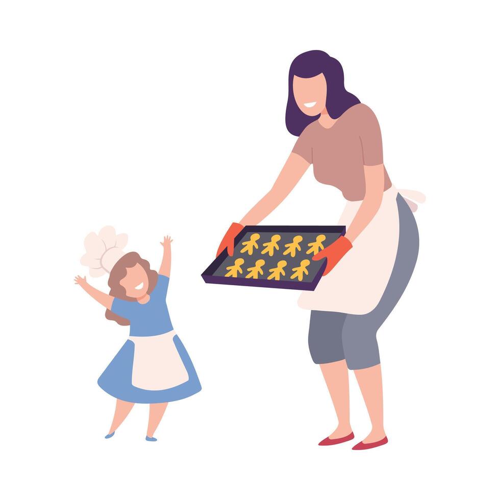 Mother And Child Making Cookies Together, Mom Holding Baking Tray with Homemade Pastries, Parent and Kid Having Good Time at Home Flat Style Illustration vector