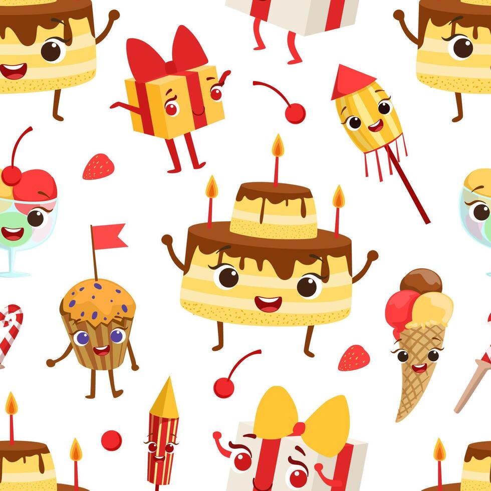 Birthday Party Seamless Pattern with Cute Funny Desserts Characters, Textile, Wallpaper, Packaging, Background Design Illustration vector