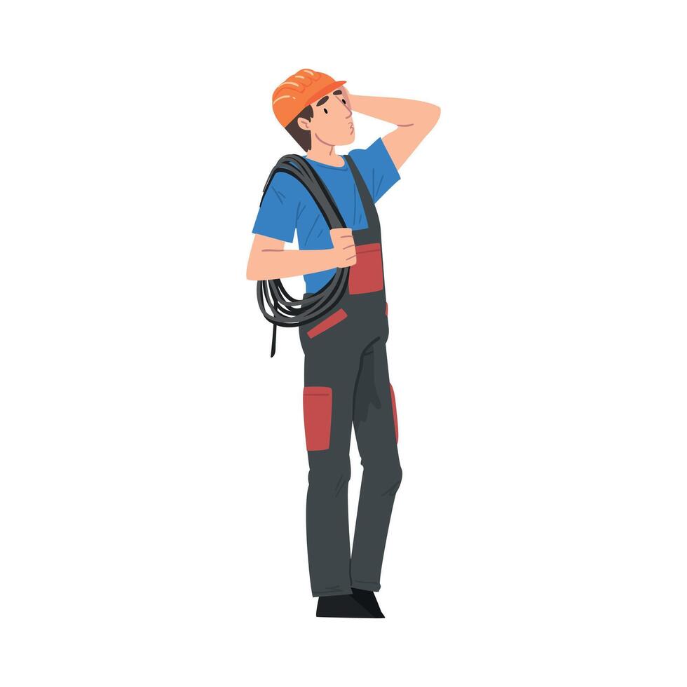 Male Electrician Engineer with Cable Thinking Before Repairing, Electricity Maintenance Service Worker Character Cartoon Style Illustration vector