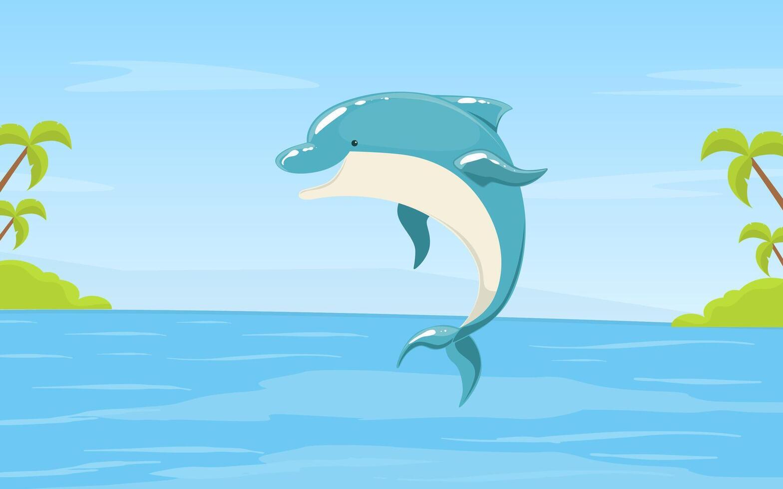 Dolphin Jumping out of the Sea or Ocean Water on Beautiful Nature Summer Landscape Illustration vector