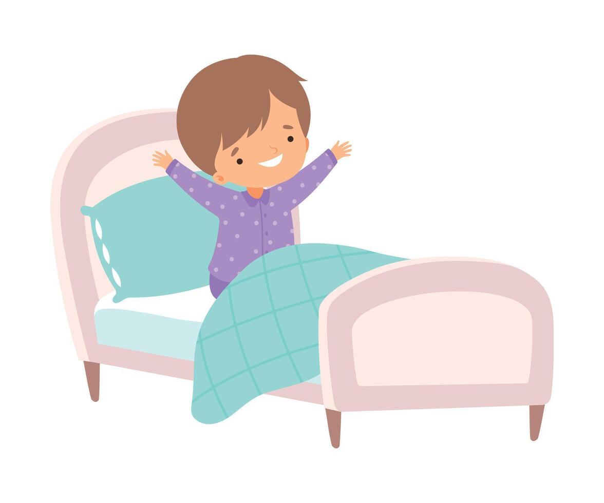Cute Boy Waking Up and Yawning in the Bed, Preschool Kid Daily Routine Activity Cartoon Illustration vector