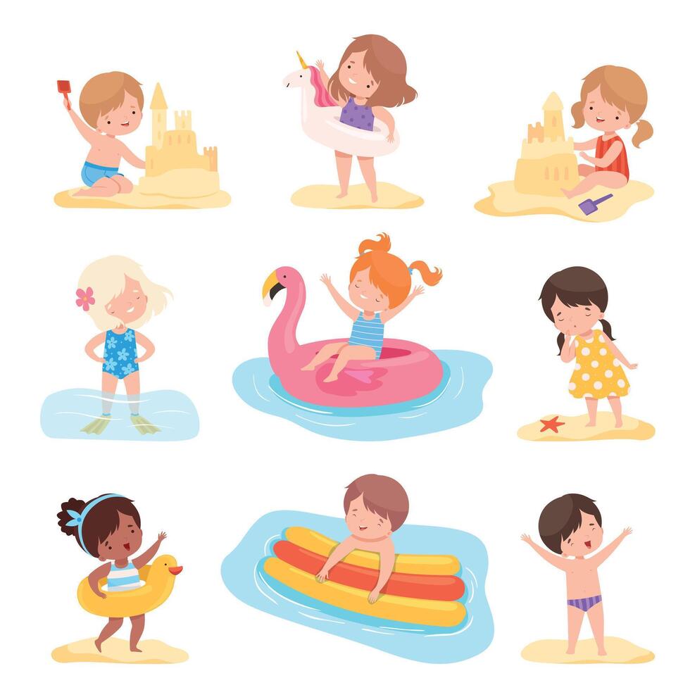 Cute Boys and Girls Playing on the Beach and Swimming in the Sea Set, Kids Summer Activities, Adorable Children Having Fun on Holidays Cartoon Illustration vector