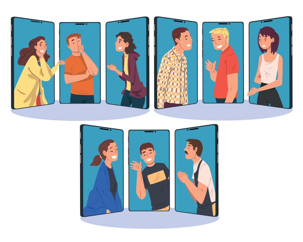 Communication via the Internet, People Chatting Online Using Smartphones, Social Networking Concept Illustration vector