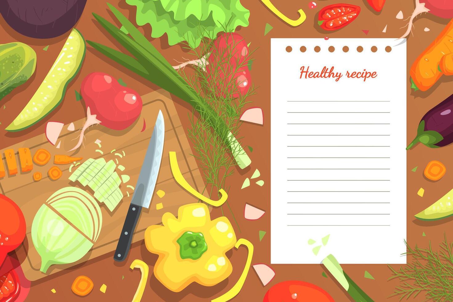 Fresh Vegetables Healthy Recipe Cookbook Background, Cooking Ingredients on Kitchen Table Illustration vector