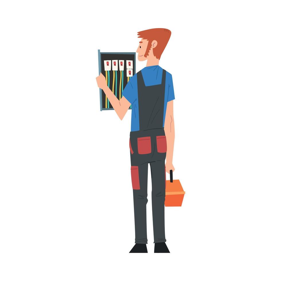 Male Electrician Engineer Operating Switchboard Control Panel, Electricity Maintenance Service Worker Character Cartoon Style Illustration vector