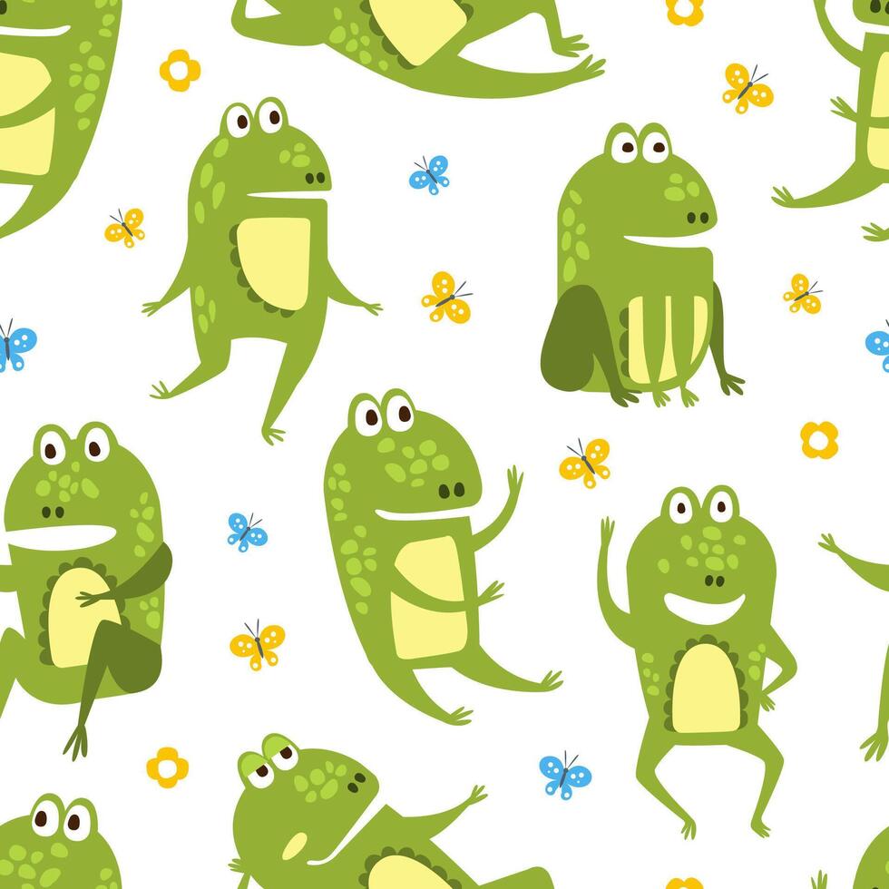 Green Funny Frog Seamless Pattern, Cute Amphibian Creature Character, Textile, Wallpaper, Packaging, Background Design Illustration vector
