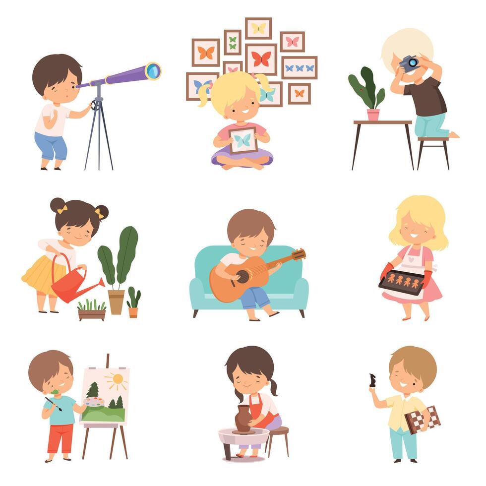 Kids Hobby or Creative Activities Set, Cute Boys and Girls Watching through Telescope, Collecting Butterflies, Photographing, Playing Guitar, Baking Cookies Cartoon Illustration vector