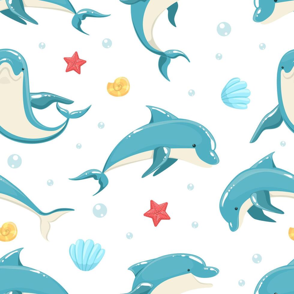 Dolphin Seamless Pattern, Marine Sea Creature Textile, Wallpaper, Packaging, Background Design Illustration vector