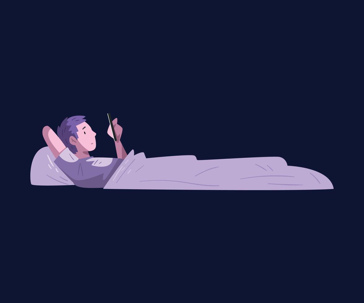 Guy Lying in the Bed with Smartphone at Night, Person Playing Online Game or Chatting on Social Networks Cartoon Illustration vector