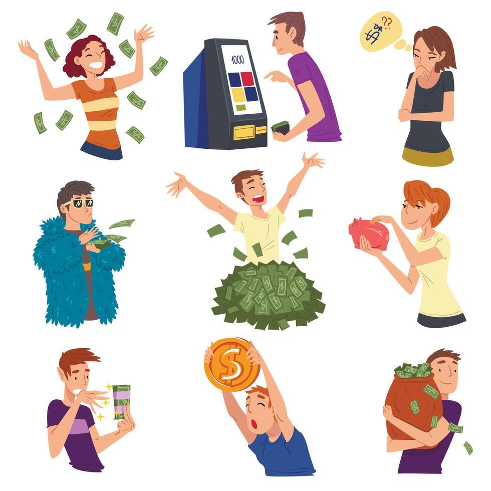 Successful Rich People Enjoying Their Wealth Set, Men and Women Carrying Moneybags, Throwing Banknotes, Standing under Money Rain Illustration vector