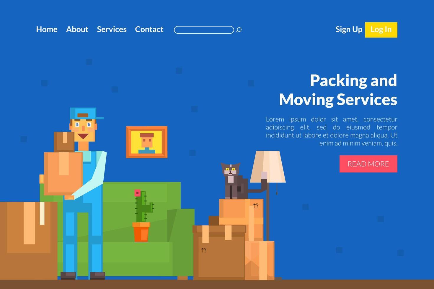 Packing and Moving Services Landing Page Template, Relocation, Delivery and Move Website, Mobile App, Homepage Illustration vector