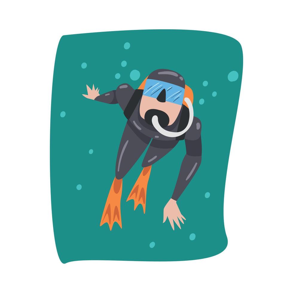 Underwater Scuba Diver in Black Wetsuit, Mask, Flippers and Breathing Equipment Swimming in the Sea, Extreme Water Sport Cartoon Style Illustration vector