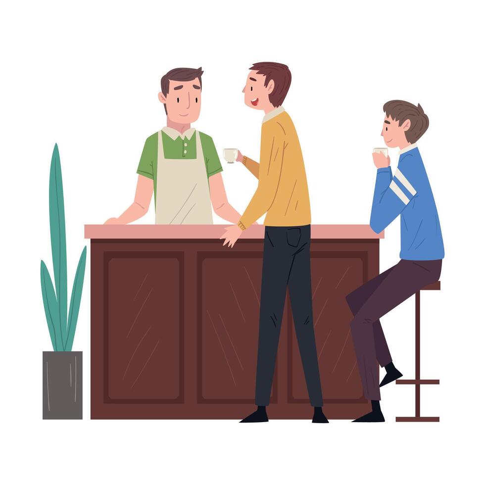 Barista or Barman Serving Clients, Male Customers Standing and Sitting at Counter Illustration vector