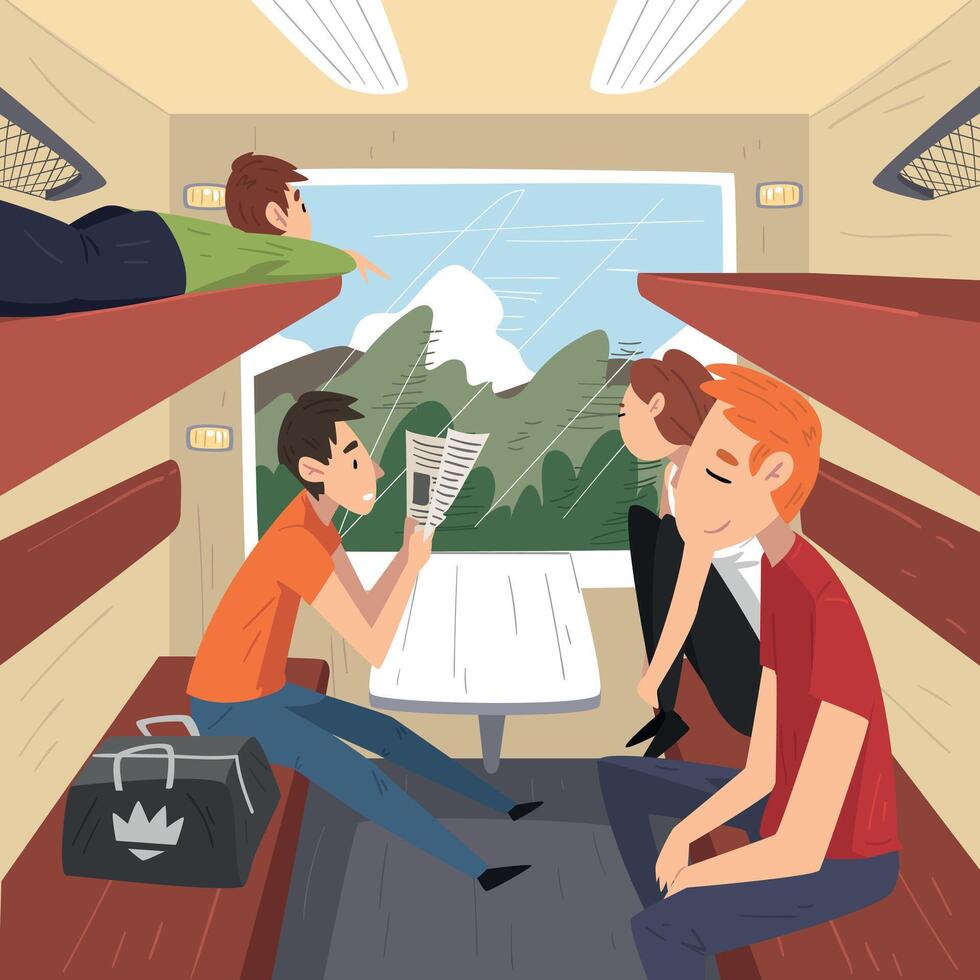 People Travelling by Trai, Young Men and Women Sitting in Passenger Railway Transport, Train Interior Illustration vector