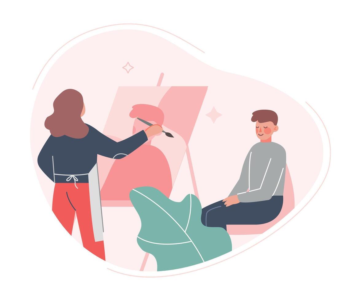 Young Woman Painting Portrait of Man Sitting in Front of Easel. Creative Hobby, Art Flat Style Illustration vector