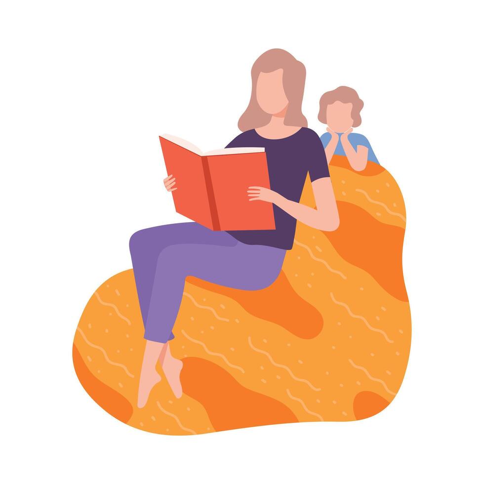 Mother Reading Book to her Little Son, Mom Sitting on Beanbag Chair, Parent and Kid Spending Time Together at Home Flat Style Illustration vector