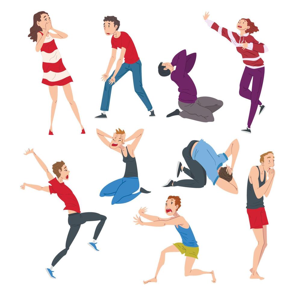 Scared and Panicked People Set, Worried or Scared Nervous Men and Women, Human Emotions and Feelings Illustration vector