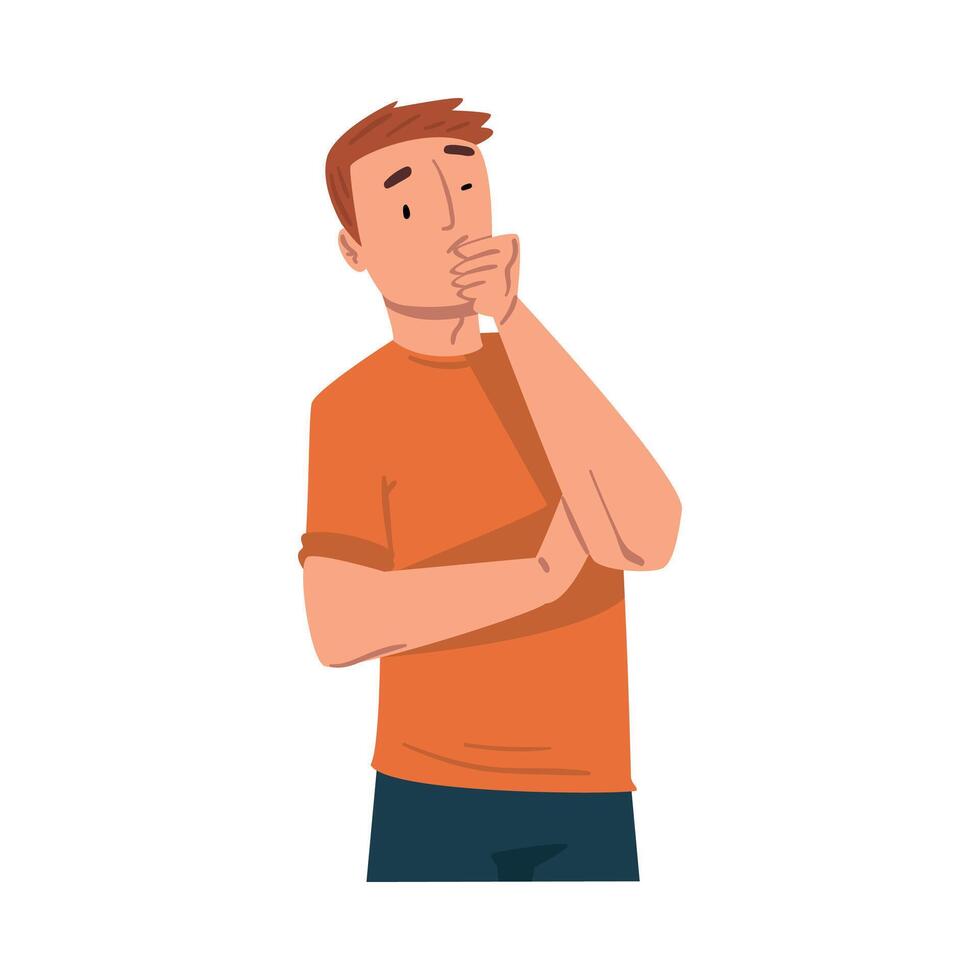 Young Man Standing in Thoughtful pose with Hand on His Chin, Modern Communication Concept, Man Chatting Online via the Internet Using Call or Talking Face to Face Illustration vector