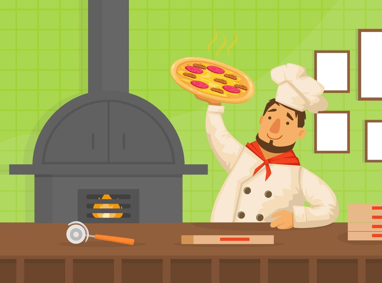 Chef Holding Freshly Prepared Pizza, Pizza Maker Coolking Pizza in the Furnace Flat Illustration vector