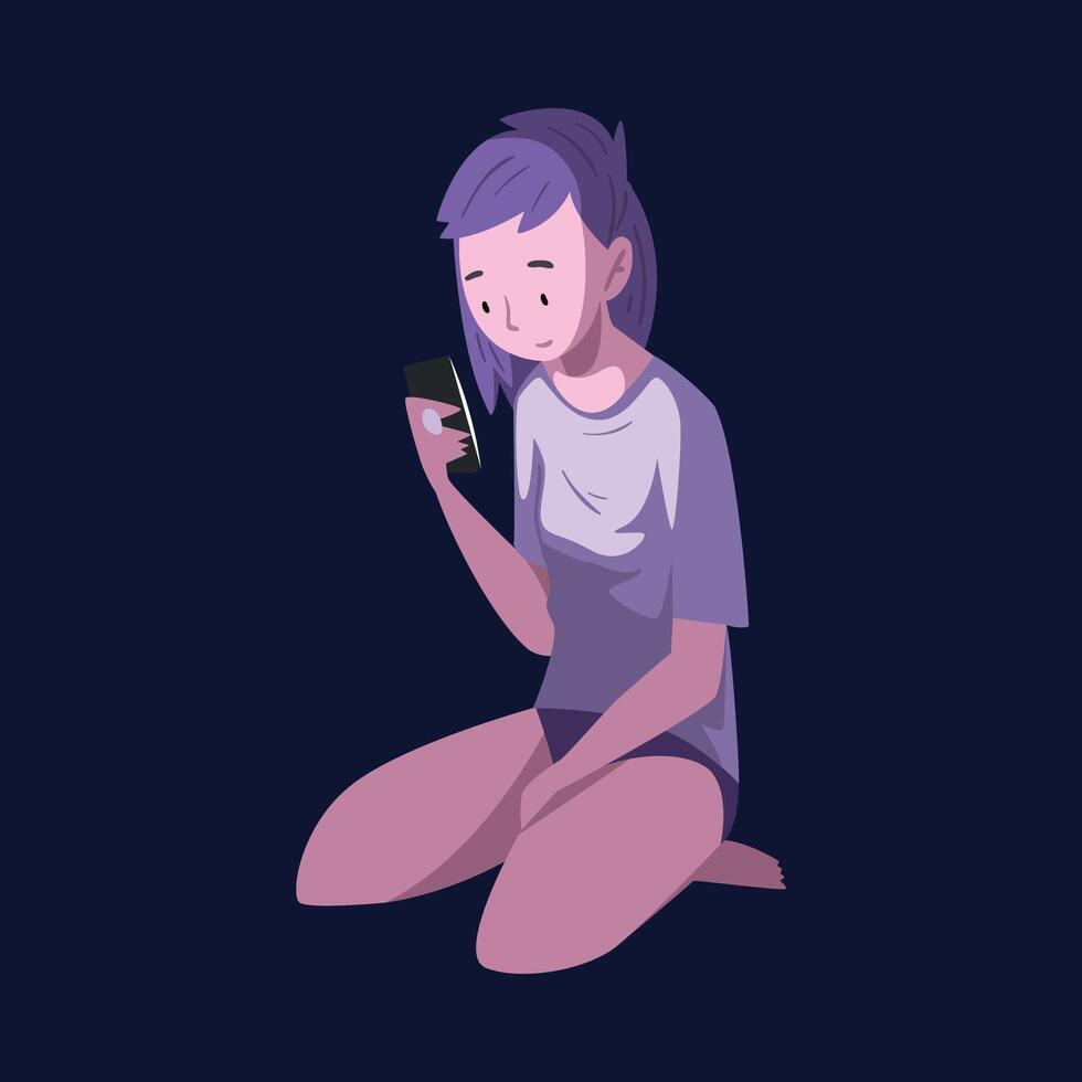 Girl in Pajamas Sitting with Smartphone at Night, Person Using Digital Gadget for Playing Online Game or Chatting on Social Networks Illustration vector