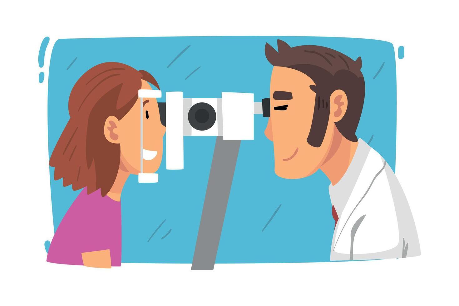 Male Ophthalmologist Doctor Examining Patient Eyesight with Professional Equipment, Ophthalmology Diagnostics, Vision Correction Cartoon Illustration vector