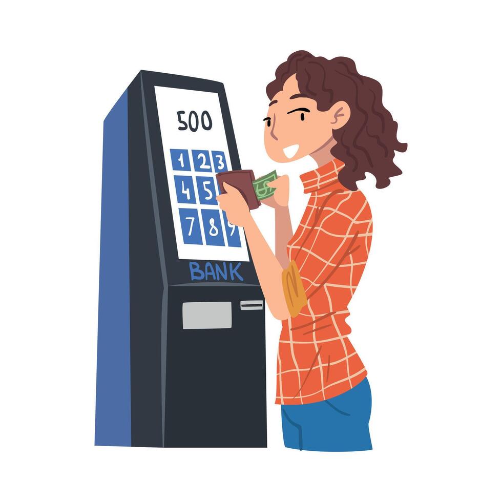 Young Woman Using Modern Electronic Self Service Terminal Illustration on White Background. vector