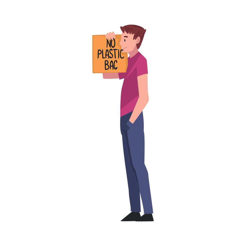 Guy Holding Cardboard Box with No Plastic Bag Inscription, Reducing Plastic Campaign, Protection of Environment Concept Illustration vector